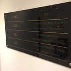 Moderner Innenwegweiser aus tiefschwarzem Echtglas mit kontrastierender Folienschrift für den Flurbereich in Lübeck.